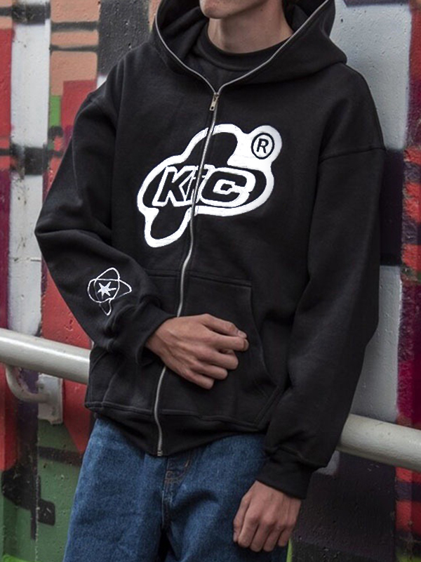 Sudadera con capucha extragrande con cremallera y estampado para hombre-1