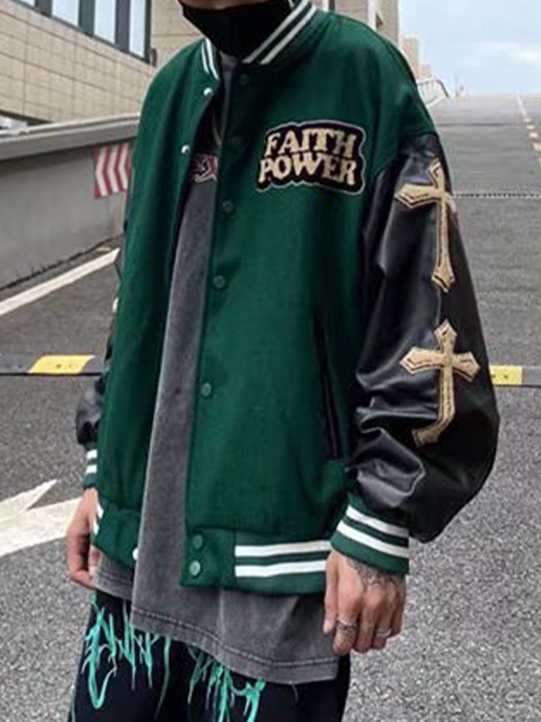 Chaqueta con parche de cuero PU con estampado de bordado cruzado para hombre-1