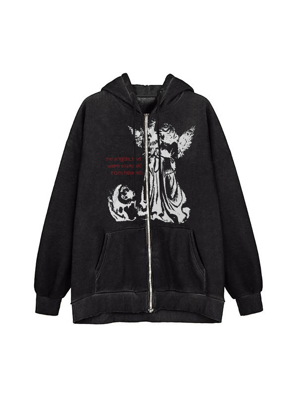 Sudadera con capucha extragrande con cremallera y estampado de personajes vintage-1