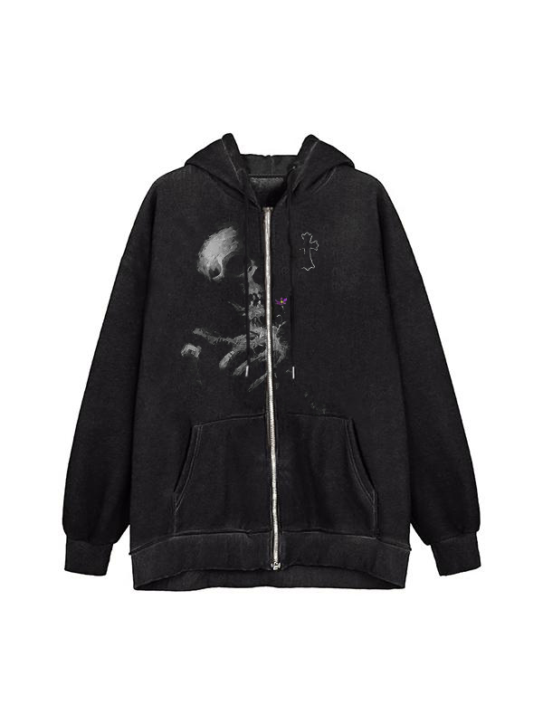 Sudadera con capucha extragrande con cremallera y estampado de calavera borrosa de Street-1