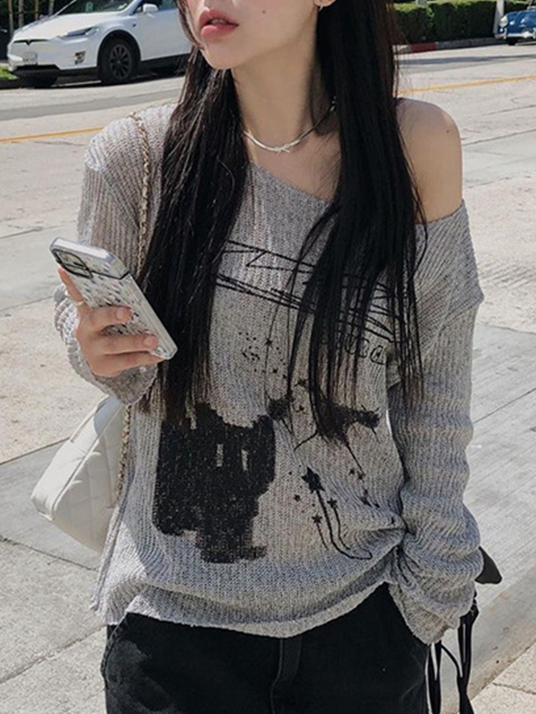 Camiseta de manga larga extragrande con hombros descubiertos y estampado de gato-2