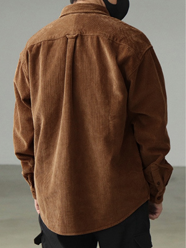 Camisa de hombre de pana vintage de manga larga con botones-3