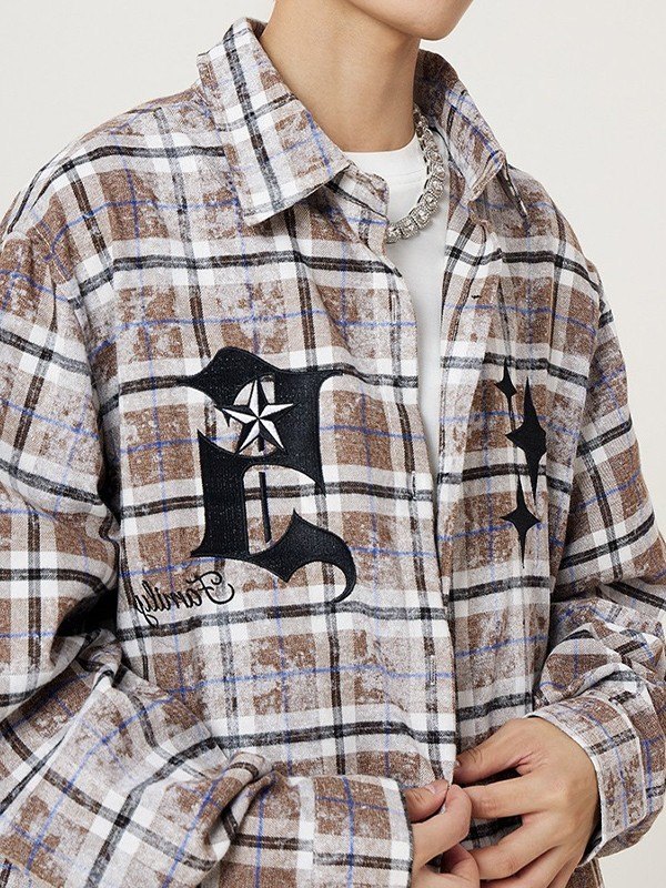 Camisa de hombre de manga larga bordada con efecto teñido anudado a cuadros-2