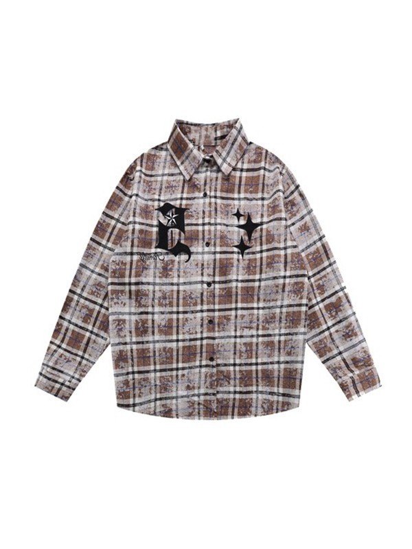Camisa de hombre de manga larga bordada con efecto teñido anudado a cuadros-3